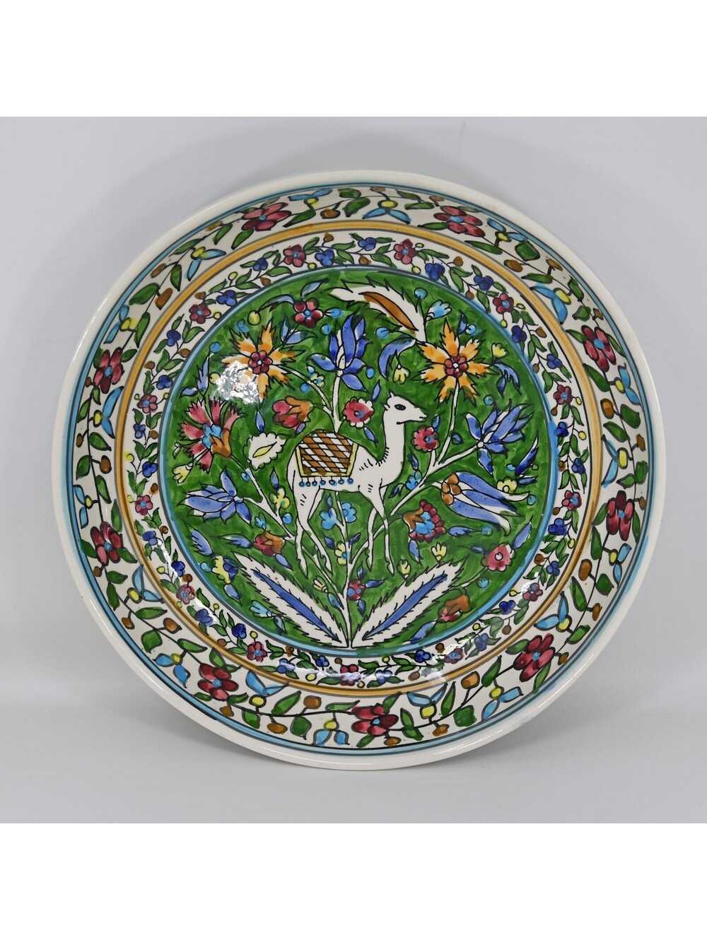 Jerusalem Armenian Pottery Bowl Floral Camel Gazelle Turkish Ottoman 13" Vintage